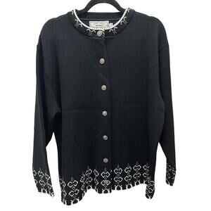 Jersild Sweater Black/ Red/ White Trim Womens Size 44 Silver Buttons Vintage